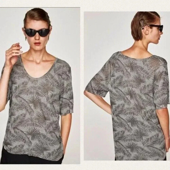 Zara Lightweight Ribbed High-Low Palm Leaf Print Tee - Picture 1 of 5